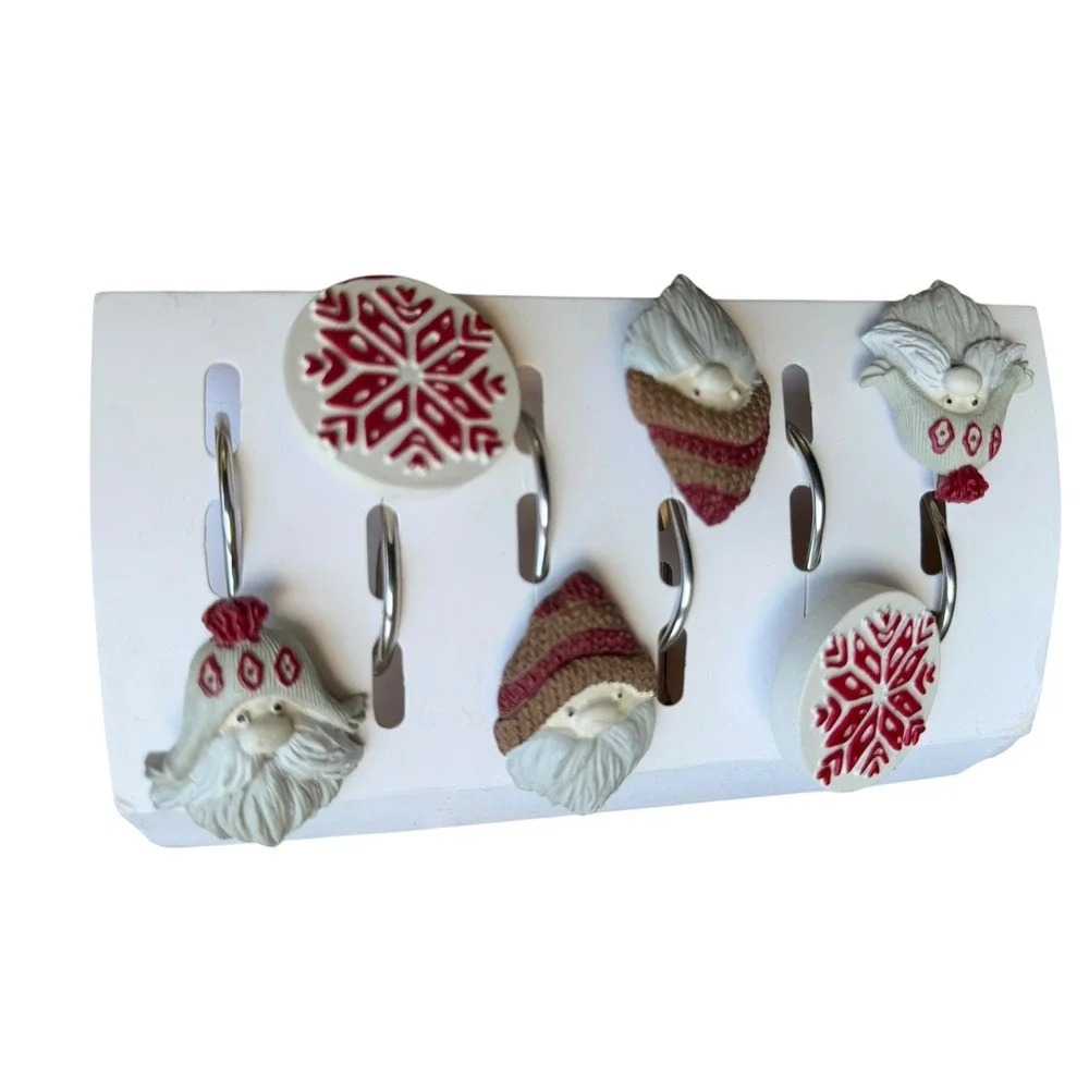 Christmas Shower Curtain Hooks Set of 12 Santa Gnome Snowflake Rustic Holiday
